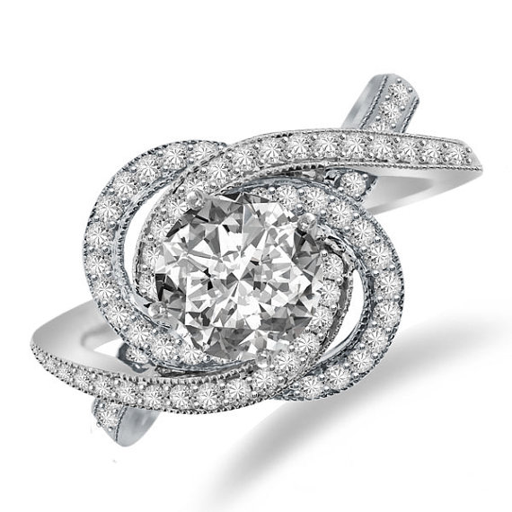 Wedding - Forever One Moissanite & Diamond Swirl Halo Engagement Ring 14k White Gold - Moissanite Engagement Rings for Women - Unique - Modern Rings