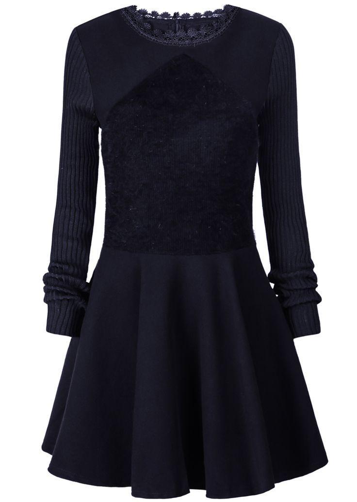 زفاف - Black Lace Collar Long Sleeve A Line Knit Dress - Sheinside.com