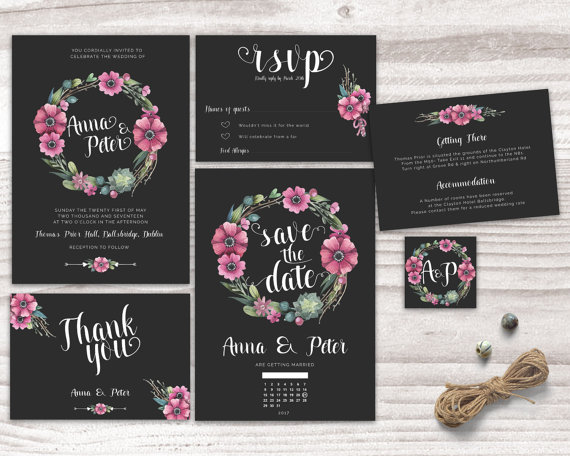 Hochzeit - Printable Wedding Invitation, Black wedding invitation, Wedding Invitation Set, Printable Wedding Invite, Floral Wedding Invitation