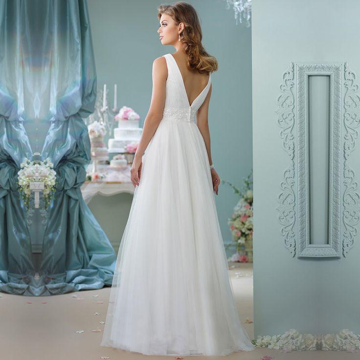 Mariage - White Beach Elegant V-Neck Sashes Beaded Tulle Wedding Dress