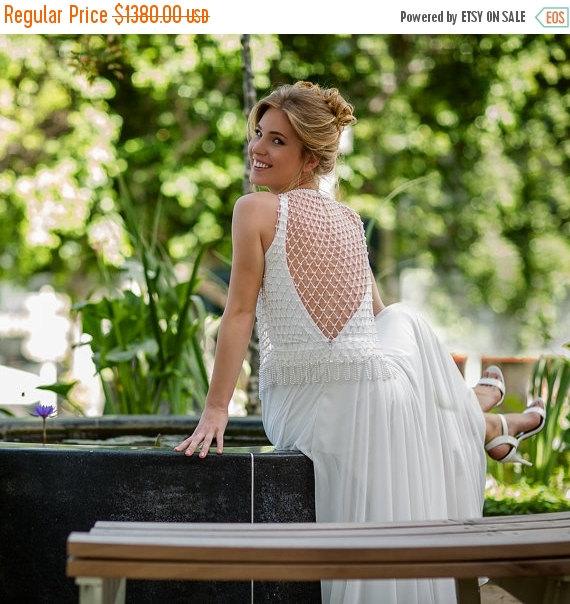 Wedding - Christmas in July Sale Vintage style Wedding dress White / Ivory ,Open Back Chiffon Wedding gown with pearls ,  2-Piece wedding gown custom
