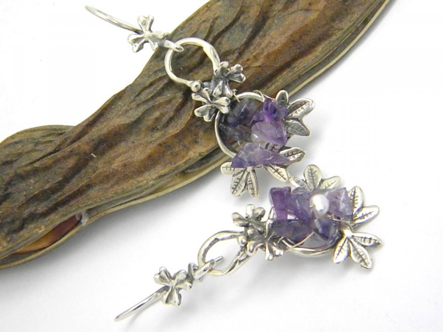 زفاف - Amethyst earrings sterling silver, long dangling earrings flowers and leaves, handmade jewelry, amethyst silver earrings, gift for her