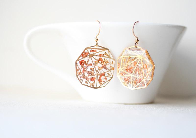 Hochzeit - Shimmering Gold Copper Foil - Transparent Resin Geometric Earrings