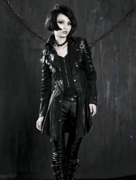 زفاف - Black Long Sleeves Leather Gothic Trench Coat for Women