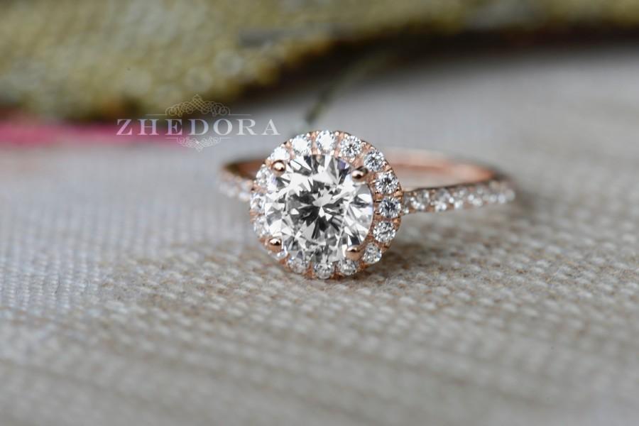 Свадьба - 2.45 CT Engagement Ring Round Cut Halo Solid 14k Rose Gold Bridal band Lab-Created Stone Simulated Diamond