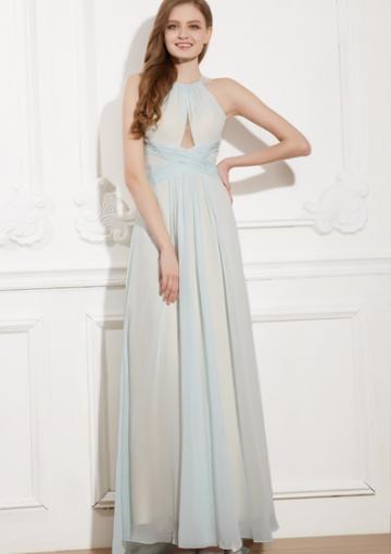 Wedding - Ankle Length Open Back Halter Blue Sleeveless Chiffon Ruched A-line