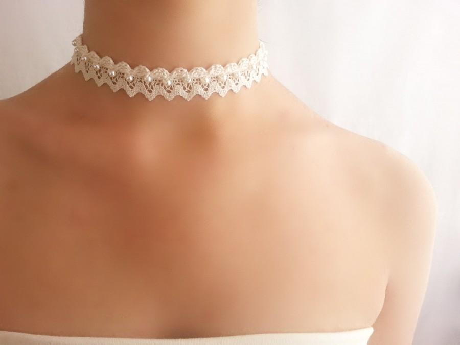 Wedding - Simple bridal necklace Ivory necklace beads Choker wedding dress Lace wedding chokers Costume Victorian jewelry Bridal lace jewelry Rustic