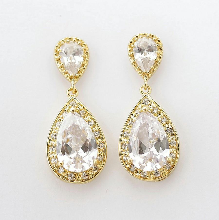 Wedding - Gold Bridal Earrings Wedding Jewelry Clear CZ Gold Teardrop Earrings Gold Crystal Wedding Earrings, Evelyn