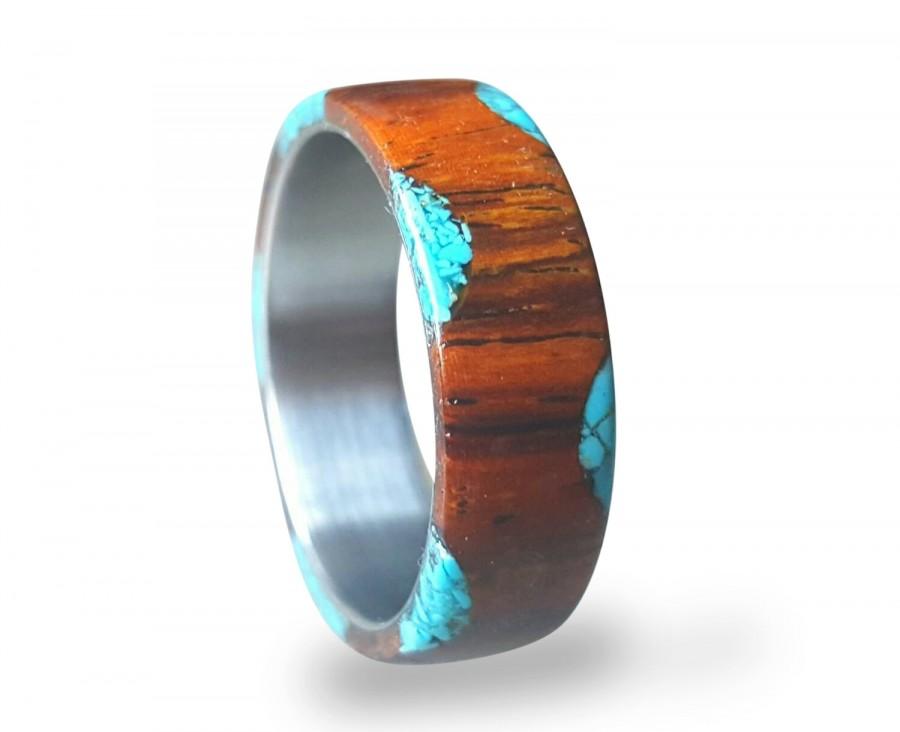 Wedding - Titanium Ring with Cocobolo Wood and Turquoise Inlays