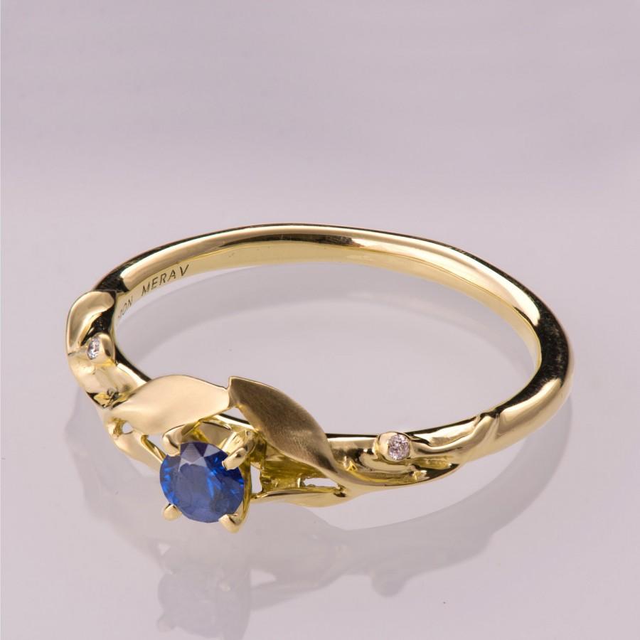 زفاف - Leaves Ring - 14K Gold and Sapphire ring, September Birthstone, Three stone ring, Unique engagement ring, leaf ring,Sapphire Ring, 13