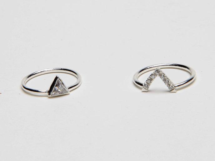 Wedding - Triangle Ring, Engagement Ring, Anniversary Ring, Black Diamond Ring, Black Diamond Wedding Ring Set, Trillion Ring with Swarowski Stones,