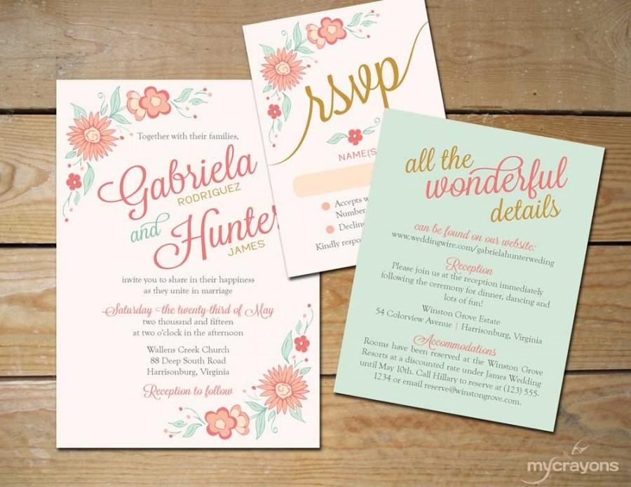 Hochzeit - Romantic Floral Wedding Invitation Printable // DIY Printable Invitation // Coral and Mint Wedding Invitation, Coral and Gold
