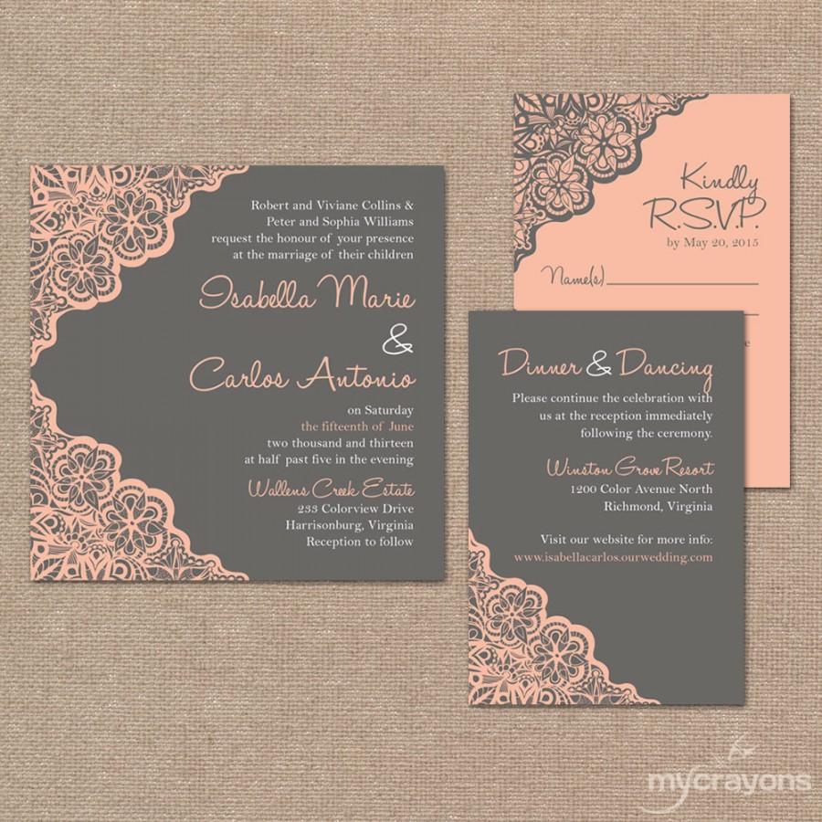 Hochzeit - Printable Wedding Invitation Set // Rustic Lace Wedding Invitation DIY // Grey and Pink Wedding Lace Invites // Lace Wedding Invite