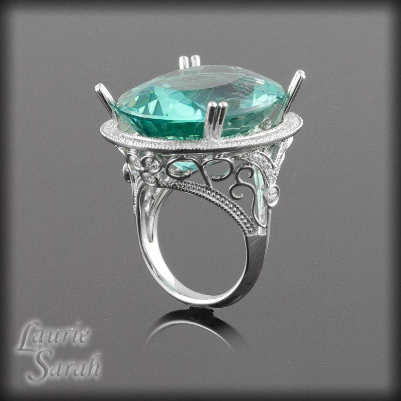 Wedding - 33 carat Rare Green Amethyst Cocktail Statement Ring with Diamond Halo and Filigree - LS2316