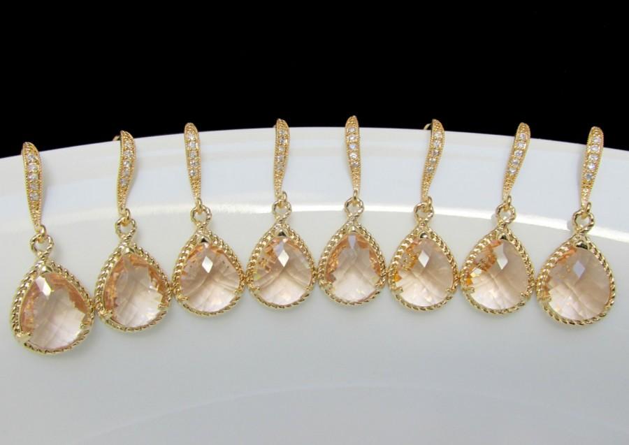 زفاف - gold blush bridesmaids earrings , set of bridesmaids earrings , champagne gold earrings , blush bridal earrings , peach bridesmaids earrings