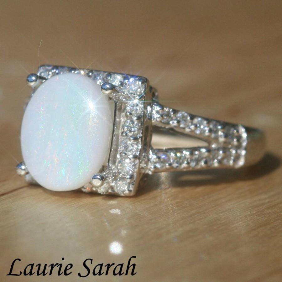 Wedding - Crystal Opal and Diamond Ring with prong set split shank and single halo - LS290