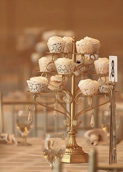 Wedding - GOLD CUPCAKE CANDELABRA Centerpiece Stand Crystal Gold Distressed Cake Dessert Vintage Styler Wedding Tea Shabby Chic Rustic Gatsby Parisian