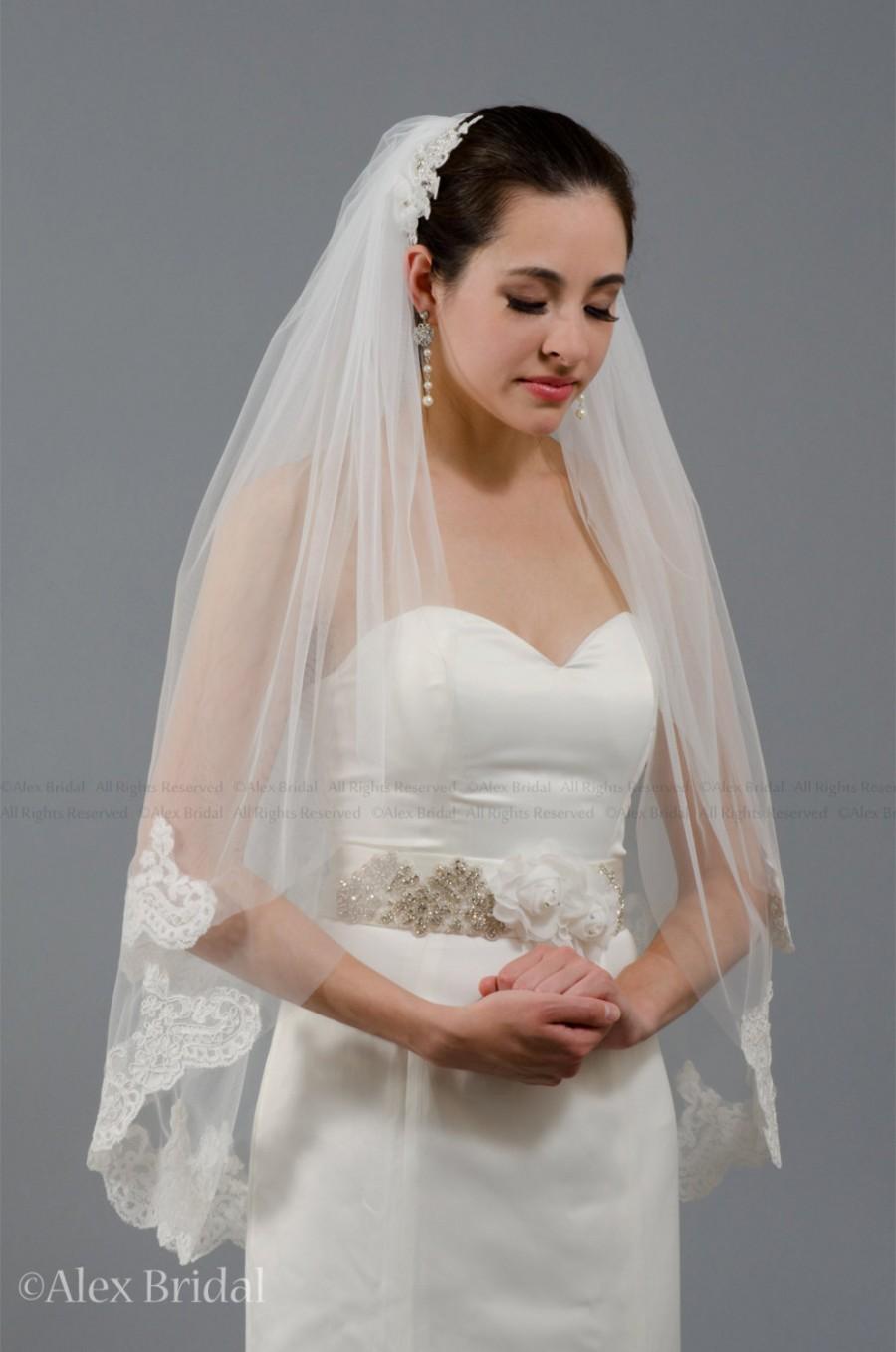 Hochzeit - 2 tier bridal wedding veil elbow alencon lace trim - available in ivory and pure white