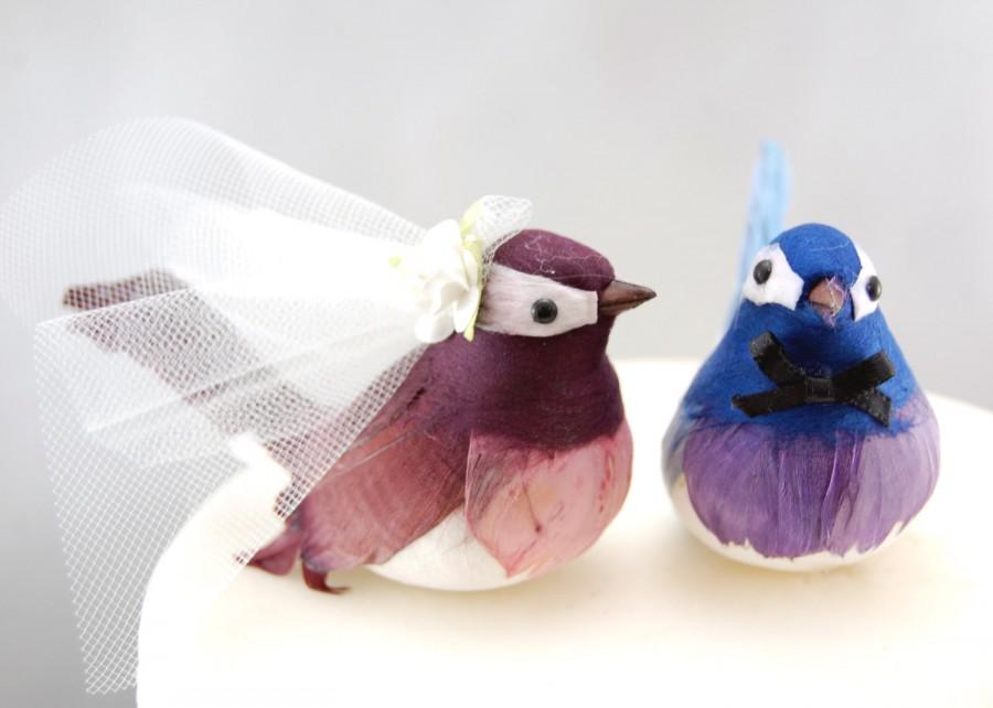 Mariage - Cheeky Chickadee Wedding Cake Topper in Blue and Purple: Bride & Groom Love Bird Cake Topper -- LoveNesting Cake Toppers