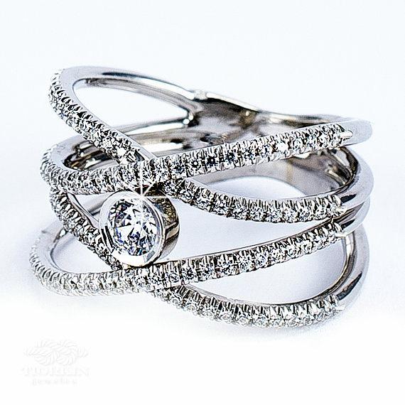 زفاف - Diamond X Double ring , Unique Wedding Ring, Diamond Wedding Ring , Bezel set gold ring , Diamond X Ring , Engegement X Ring , Art Deco Ring