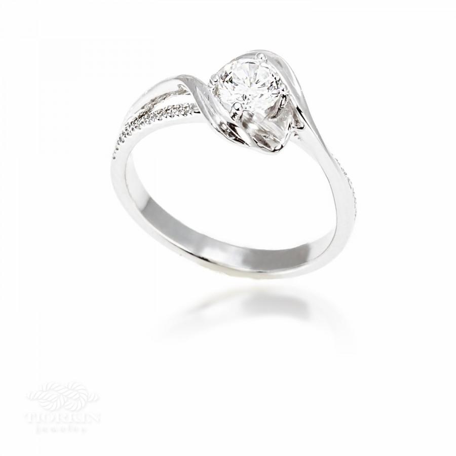 زفاف - Wave Engagement Ring, Unique Engagement Ring, Solitare Ring, Engagement Side Diamonds Ring