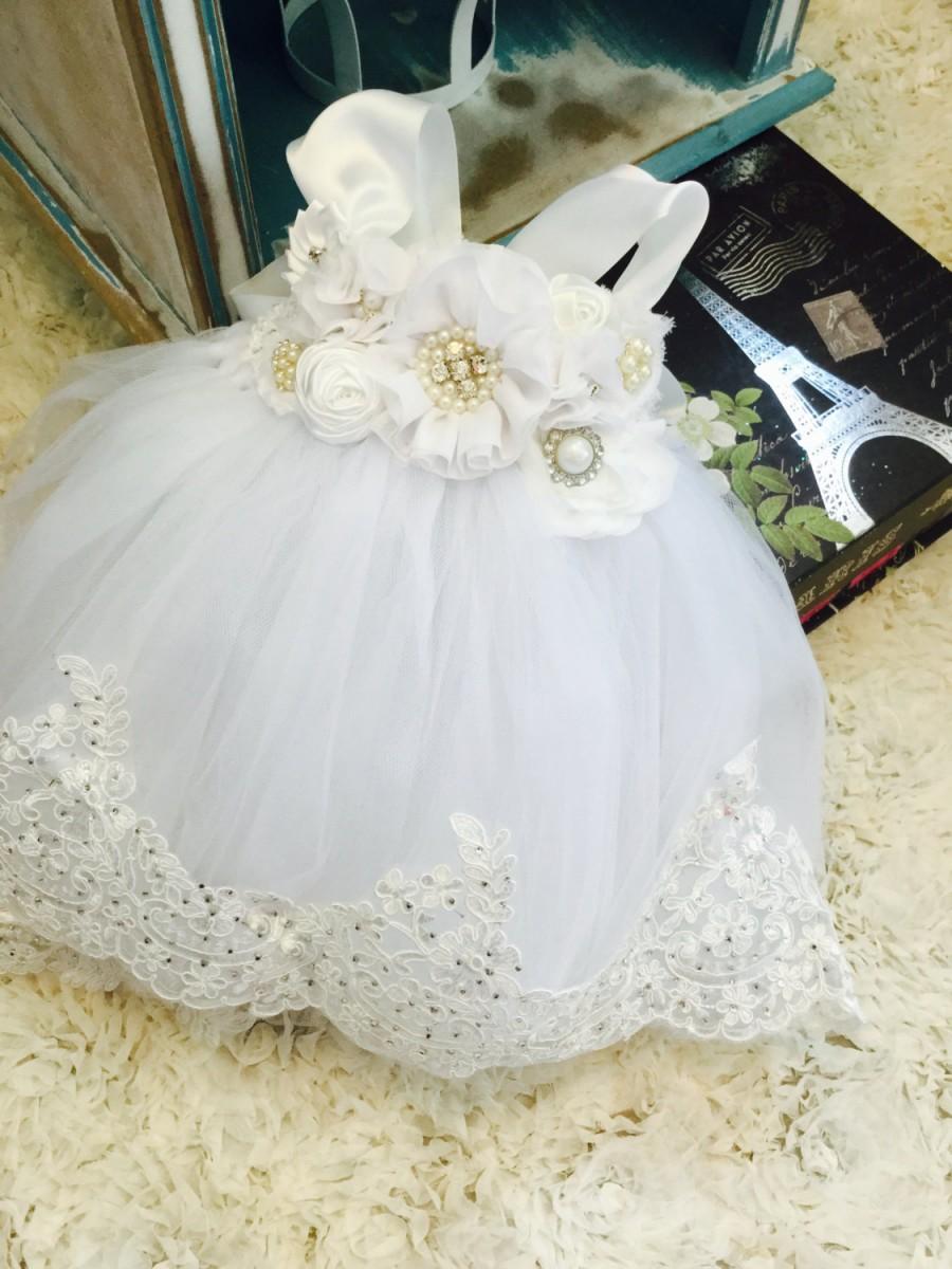 Hochzeit - White Venice Lace Tutu Dress-White Flower Girl Dress-Baptism Dress-Christening Dress-Lace Flower Girl Dress-Wedding Dress