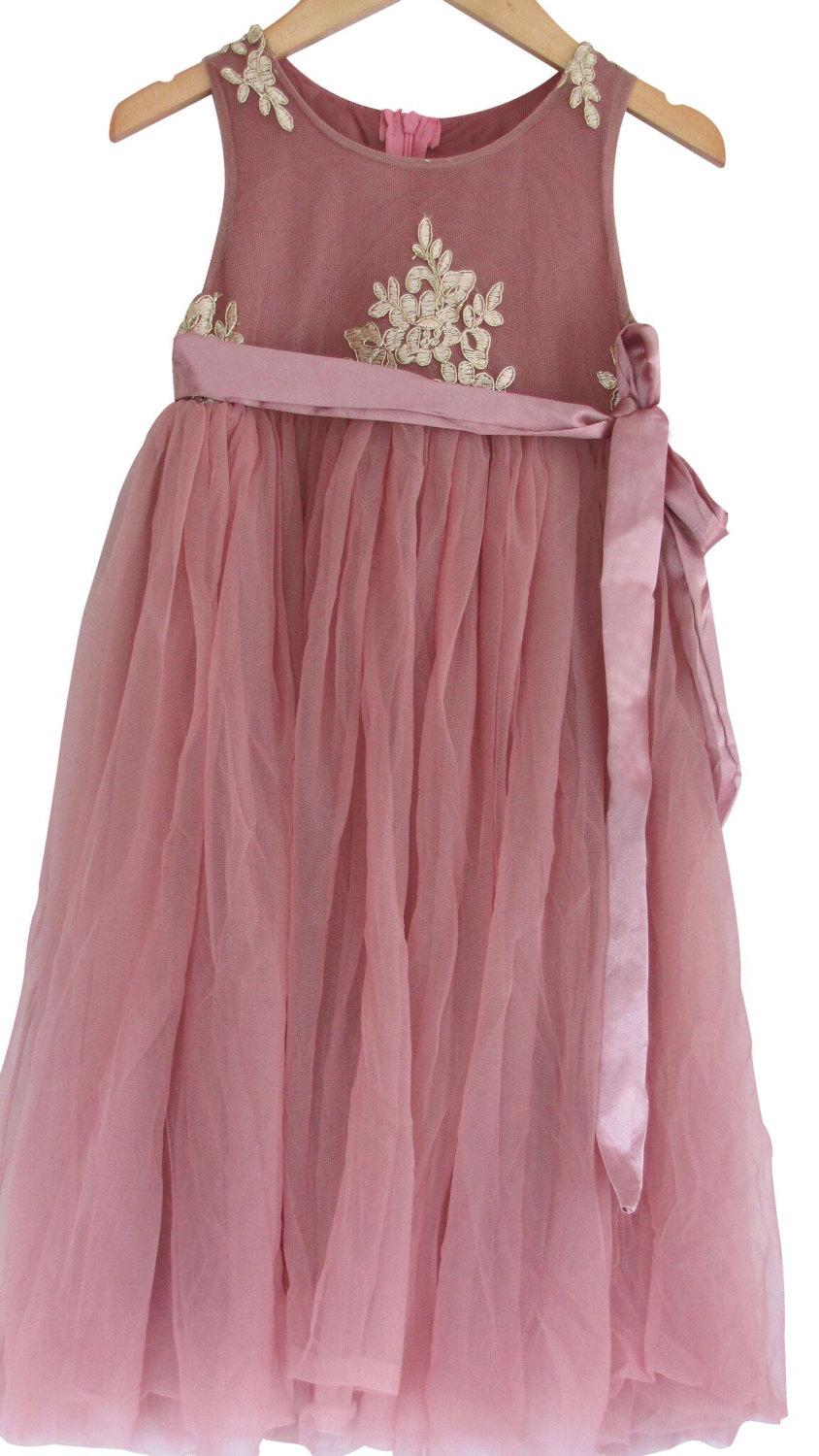 Hochzeit - Beautiful Blush Pink Girls Soft Tulle with Gold Embroidery Bodice Flower Girl  Long Length Dress