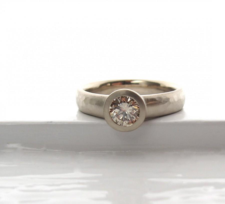 زفاف - Recycled white gold and Champagne diamond bezel set  solitaire low profile engagement ring with wide hammered band