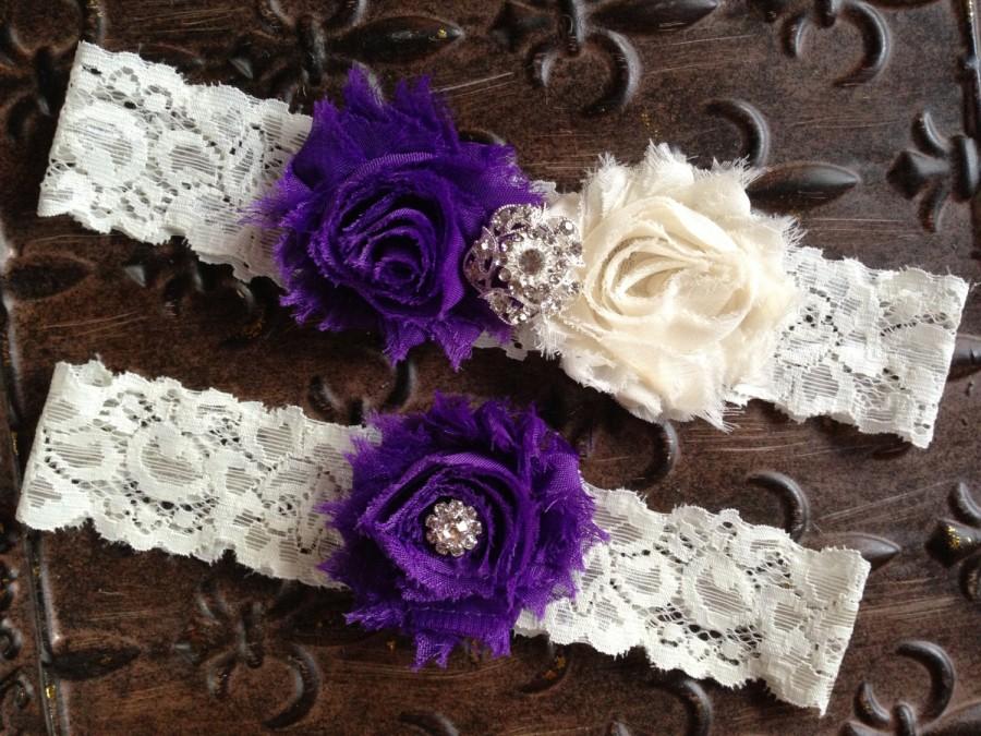 Wedding - Purple Wedding Garter Set, Wedding Garter Set, Ivory Lace Garter, Purple Ivory Garter Set, Ivory Wedding Garter, pick colors
