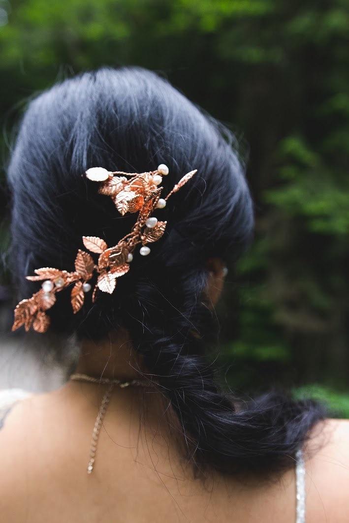 Wedding - Pearl Bronze leaf Bridal Comb headpiece