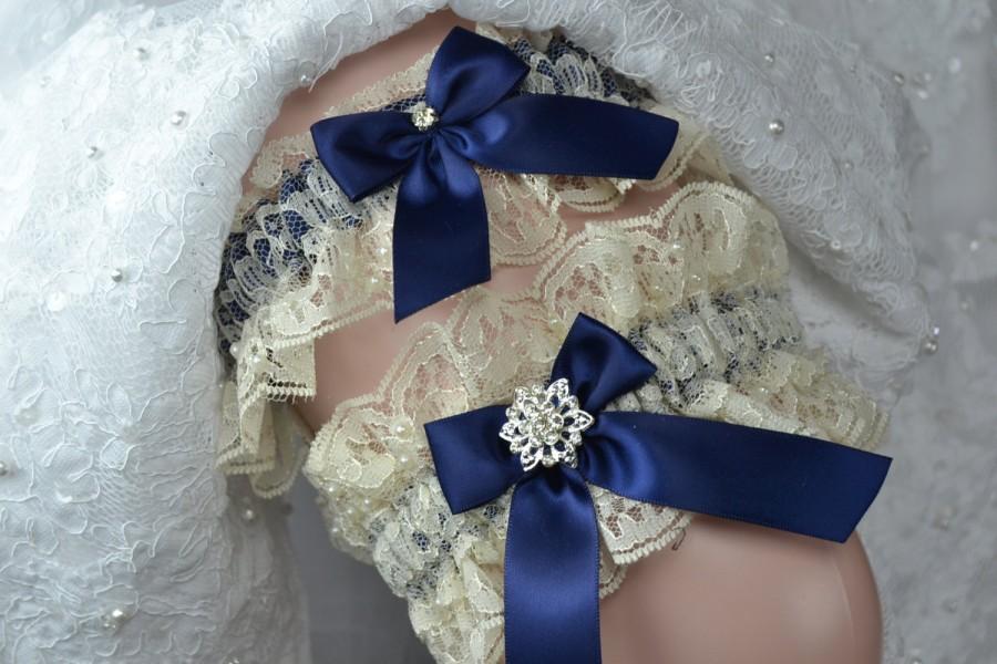 Mariage - Wedding Garter Set,Bridal Garter Set, IvoryLace And Navy Blue Garter