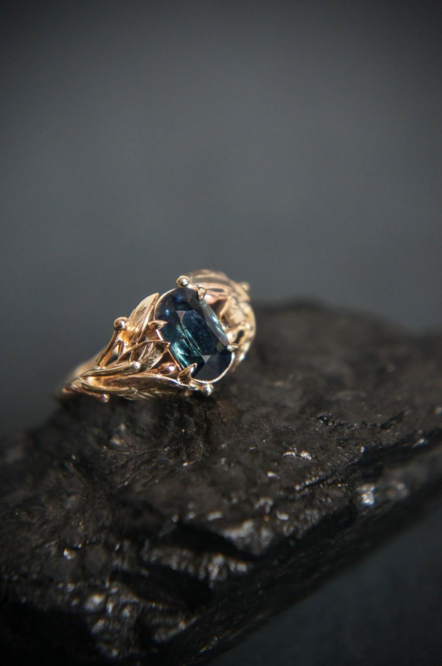 زفاف - Sapphire engagement ring, branch engagement ring, 14K yellow gold ring, leaves ring, proposal ring, gold promise ring,unique engagement ring