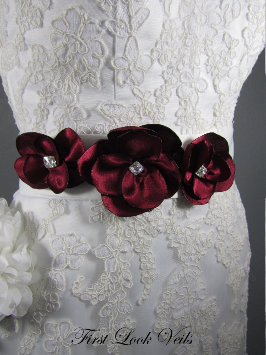 Wedding - White Bridal Sash, Marsala Red Floral Wedding Sash with Swarovski Crystal