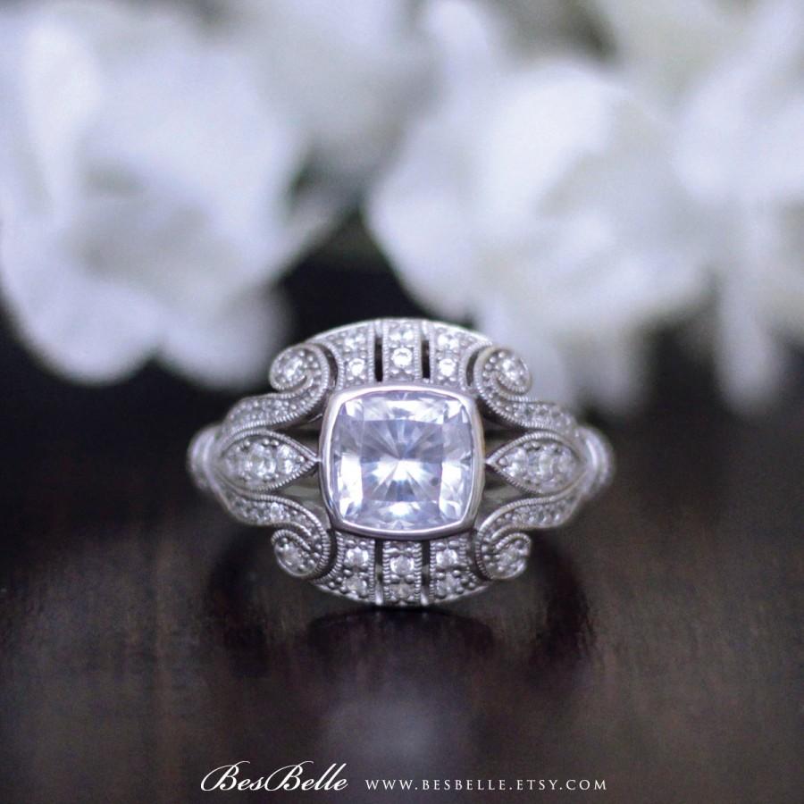 Hochzeit - 2.30 ct.tw Art Deco Engagement Ring-Vintage Filigree-Cushion Cut Diamond Simulants-Bridal Ring-Anniversary Ring-Sterling Silver [1953]