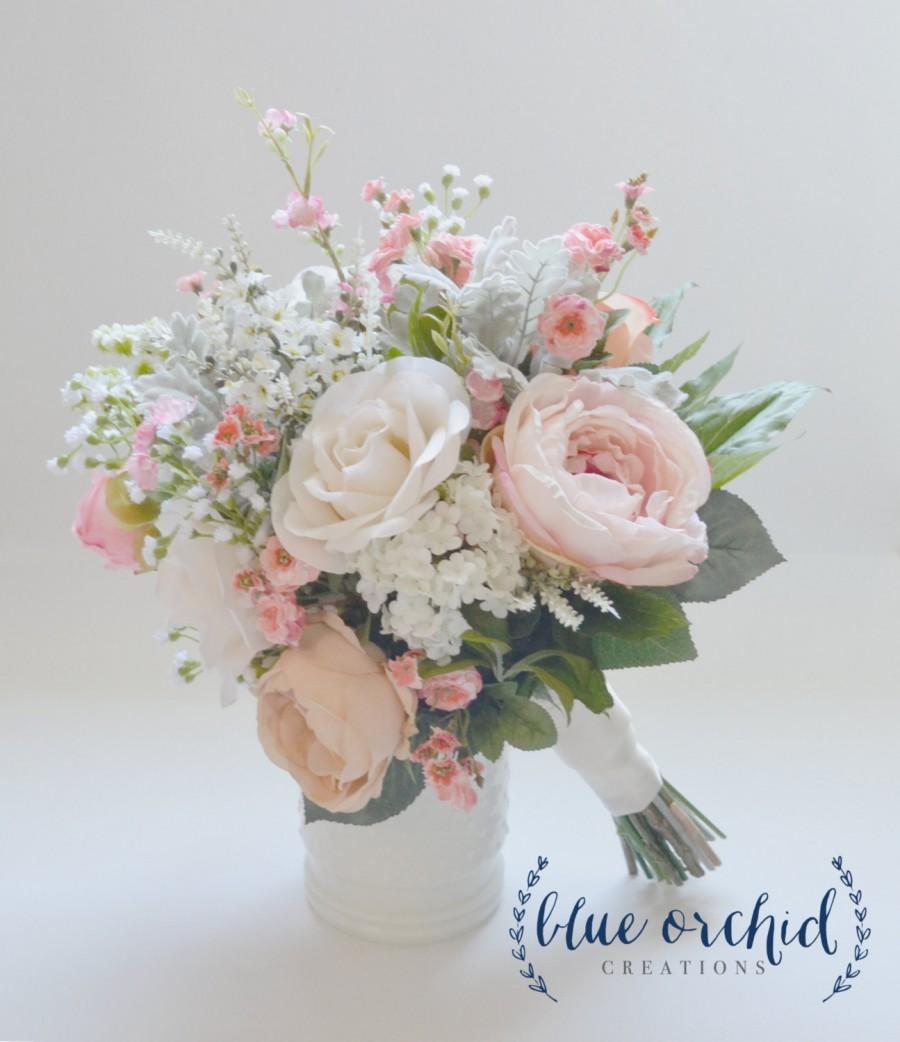 Свадьба - Blush and Ivory Silk Wedding Bouquet with Wildflowers, Garden Bouquet, Boho Bouquet