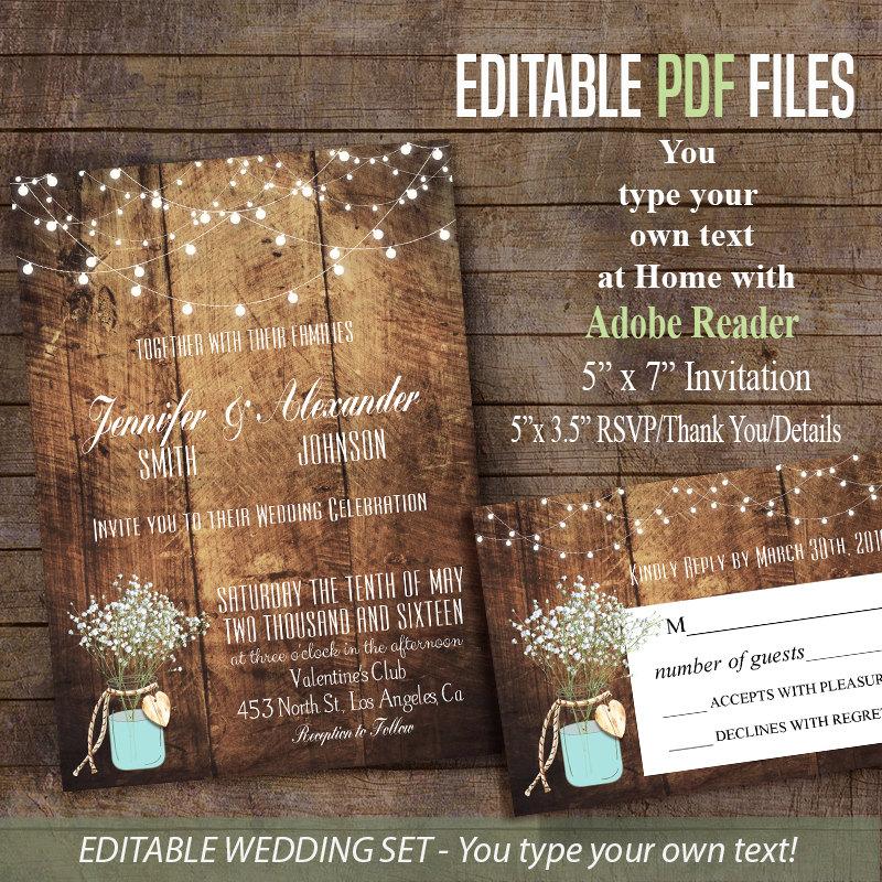 Wedding - Printable Wedding Invitation, Wedding Suite, Baby's Breath & Mason Jar, Rustic Wedding, Instant Download SELF EDITABLE PDF files S101