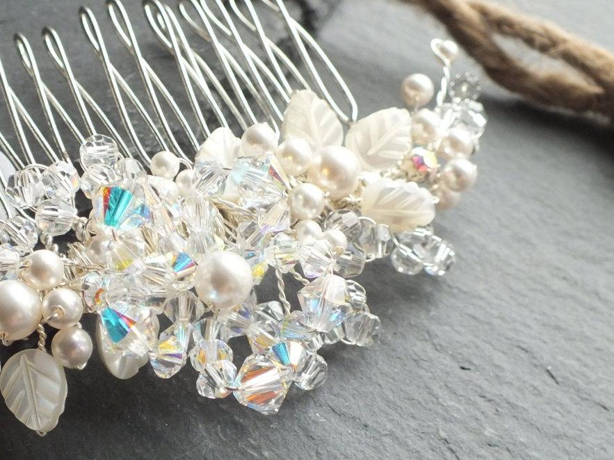 Hochzeit - Pearl and crystal Hair Comb, bridal accessory, wedding hair, floral bridesmaid,bride,white,ivory,silver,