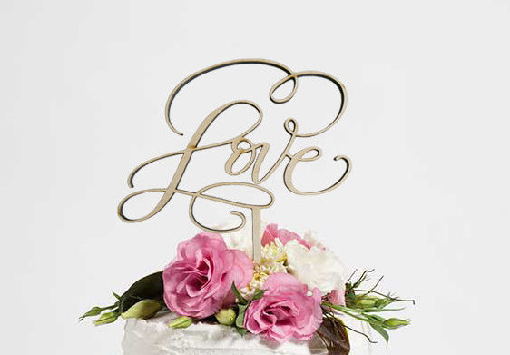 Wedding - Love hand lettered laser cut wood cake topper - wedding cake topper