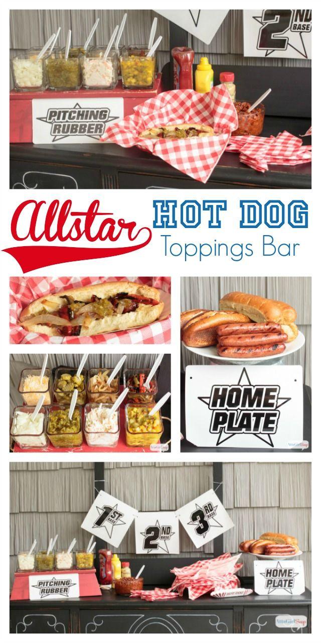 Hochzeit - Baseball Themed Hot Dog Toppings Bar
