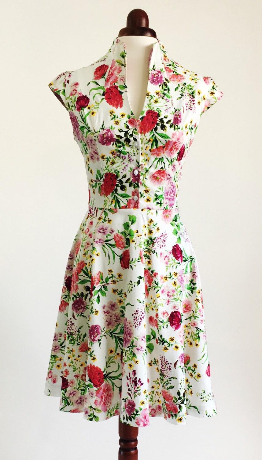 Wedding - Spring flower dress, floral dress, summer dress, vintage style dress, mid-length dress, cotton dress, 50s dress, garden party dress, SS16