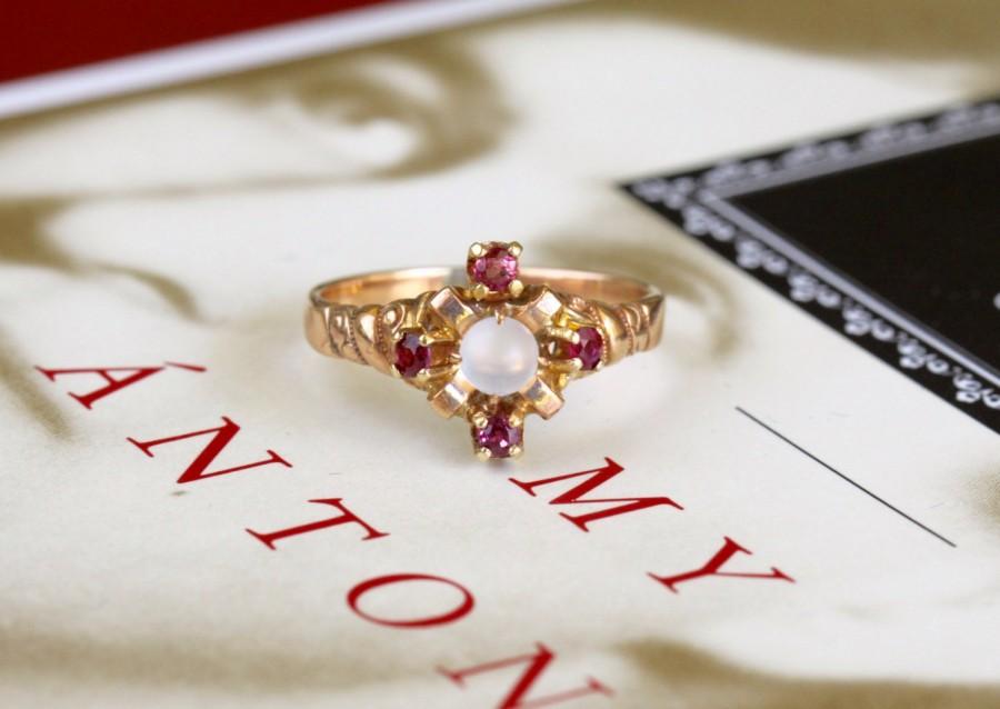 Wedding - Antique Ruby Moonstone Engagement Ring, Edwardian Ruby Engagement Ring, Victorian Moonstone Ring, Antique Ruby Ring, Antique Engagement Ring