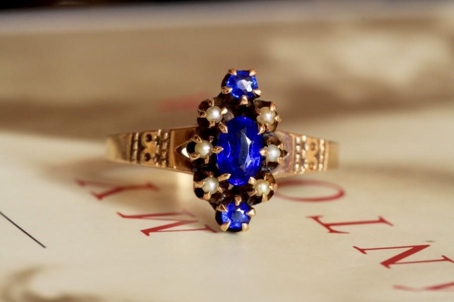 زفاف - Victorian Pearl Water Sapphire Engagement Ring, 1900s Antique Edwardian Engagement Ring, Antique Engagement Ring, WWW, 14k Gold Ring