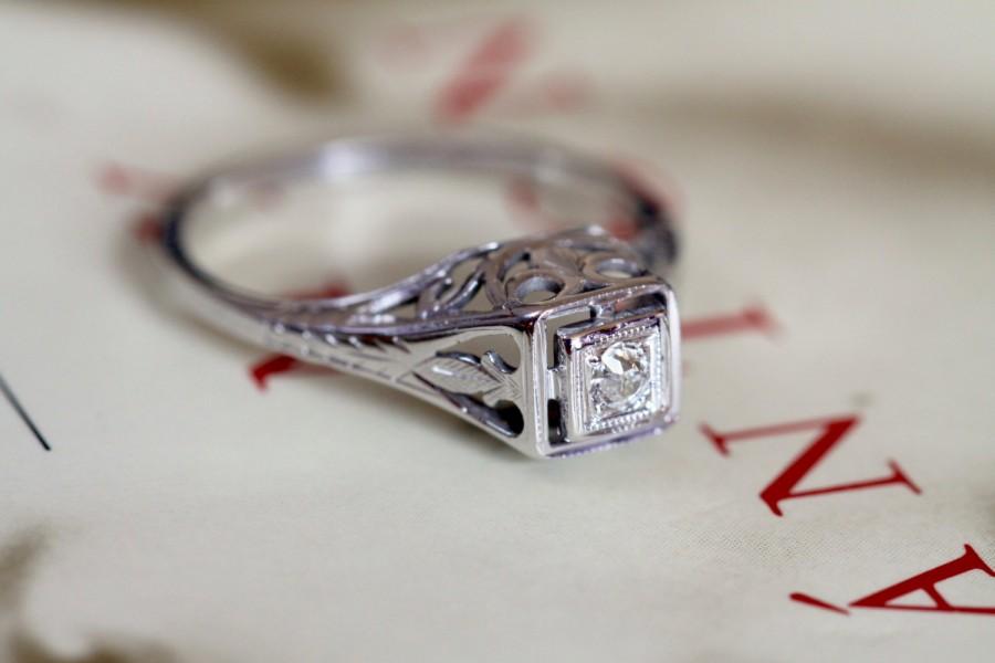 Hochzeit - Antique Art Deco Diamond Engagement Ring 18k White Gold Diamond Engagement Wedding Ring Antique Filigree Old European Cut Diamond Wedding