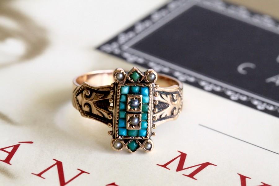 Свадьба - Victorian Turquoise Engagement Ring, Turquoise Pearl Victorian Ring, Rose Gold Ring, Antique Engagement Ring, Etruscan Revival, 1880s