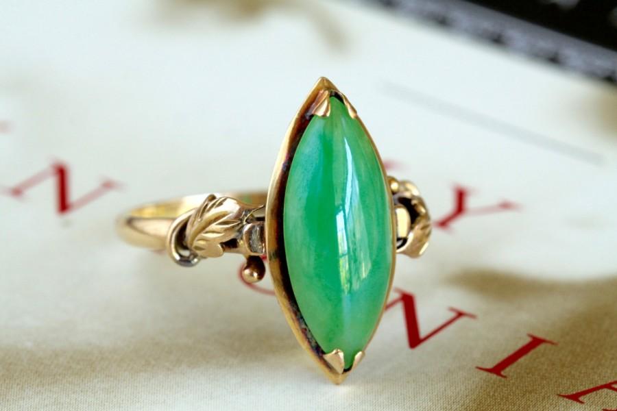 زفاف - Vintage Jadeite Engagement Ring, Art Nouveau Style Jade Ring, Designer Jade Gold Ring, Vintage Engagement Ring, Antique Engagement Ring