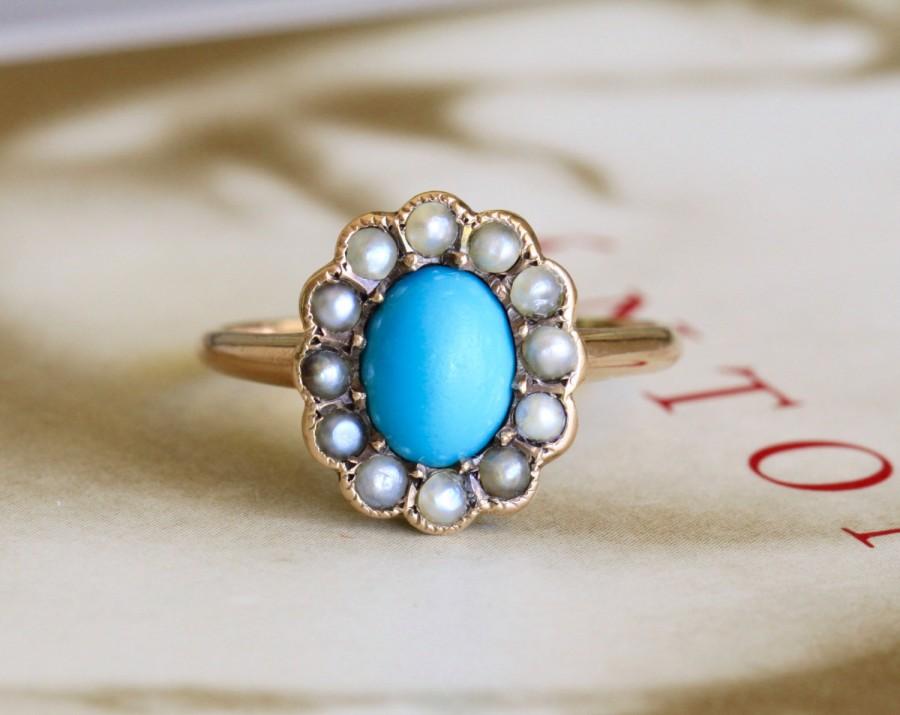 زفاف - Victorian Turquoise Pearl Engagement Ring, 14k Rose Gold Edwardian Engagement Ring, Antique Turquoise Ring, Pearl Turquoise Halo Ring