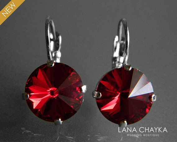 Mariage - Dark Red Crystal Earrings Swarovski Siam Red Rivoli Silver Earrings Dark Red Crystal Leverback Wedding Earrings Hypoallergenic Earrings