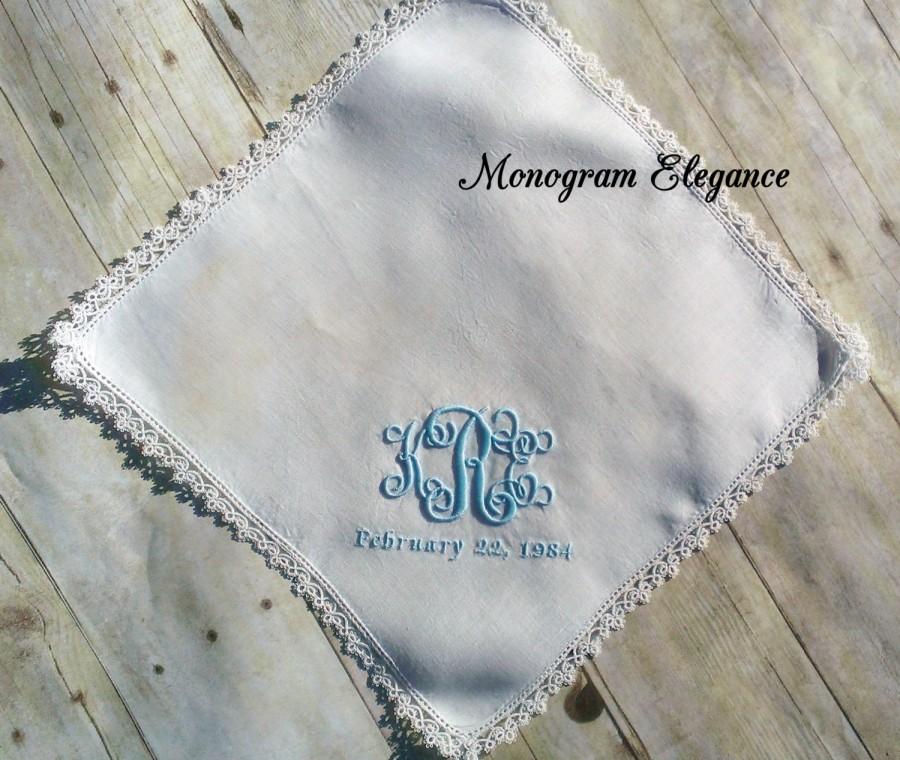 Mariage - Monogrammed Linen and Tatting Handkerchief Wedding Bouquet Wrap, Mother of the Bride Keepsake, Baptism, Christening