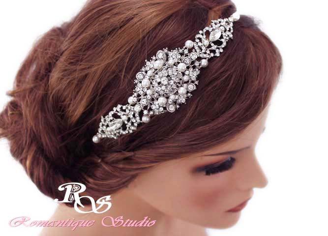 زفاف - Wedding headband pearl, Bridal headband, Crystal headband, Wedding headpiece vintage, Bridal hair accessories, Pearl Crystal headpiece 3135