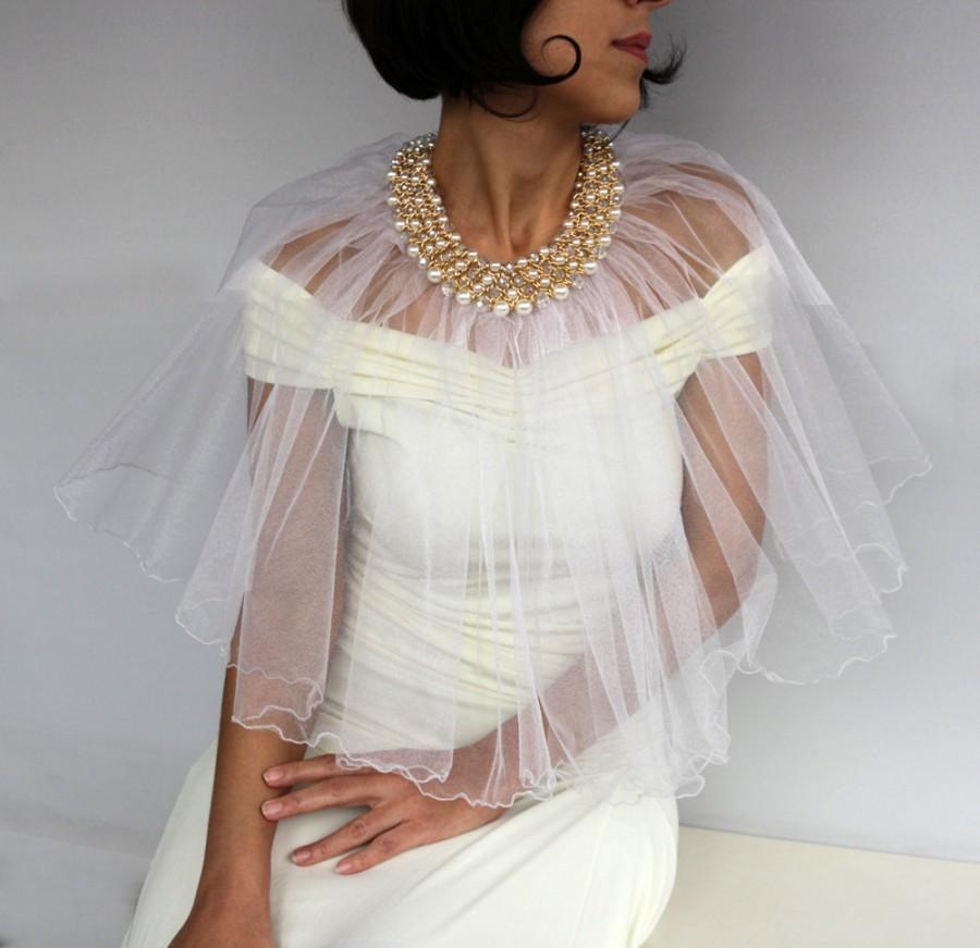 Wedding - Tulle Bridal Cape Bolero, Express Shipping, Pearl Beaded Collar Capelet, Dress Cover-up, Romantic Modern Summer Weddings Party Wear Stole
